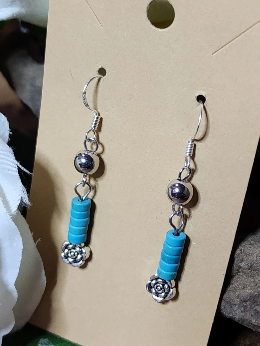 Hand Crafted Dangle Earrings With Silver Toned Balls & Faux Turquoise Beads